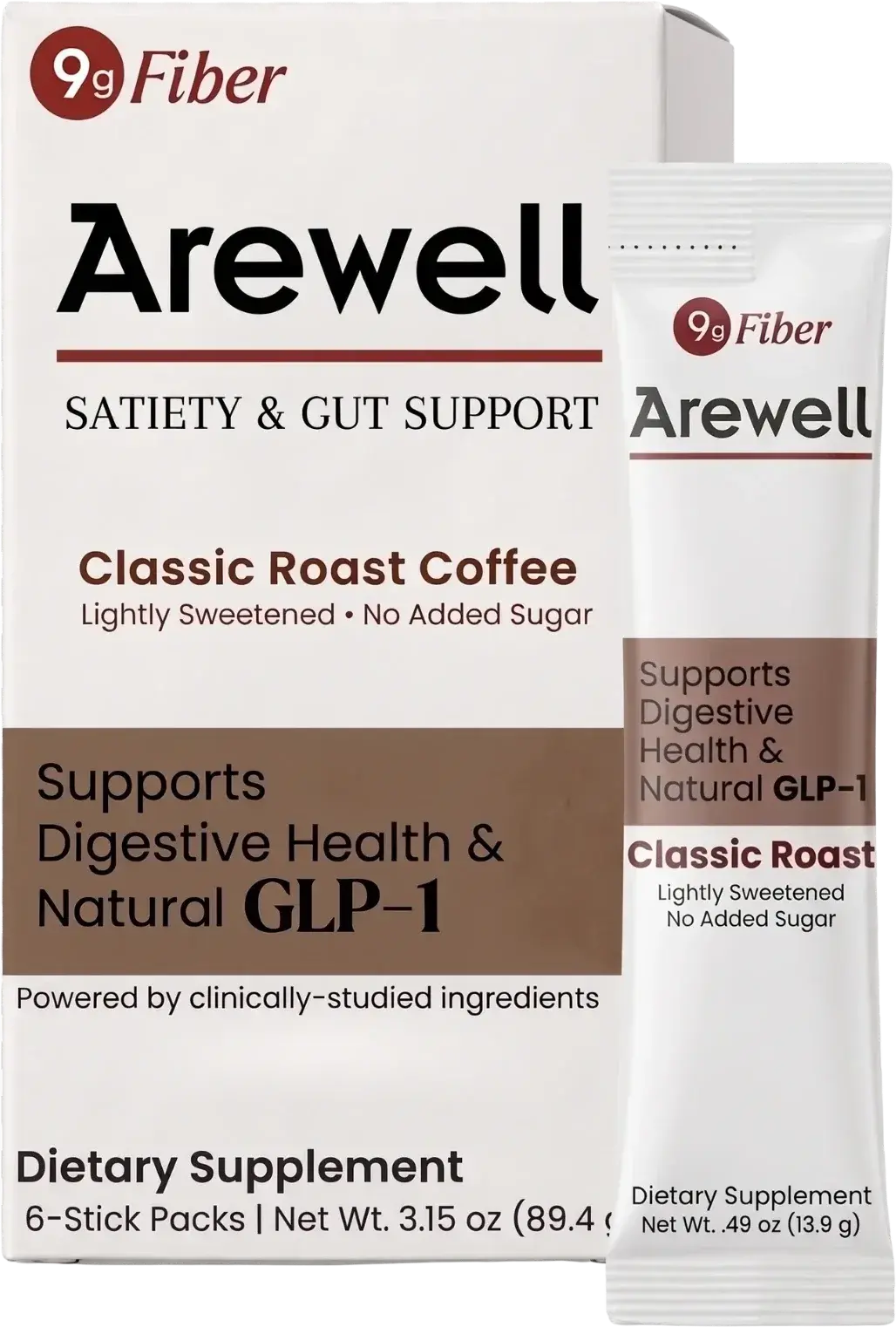 An Arewell box with a single Classic Roast stick pack standing in front of it.