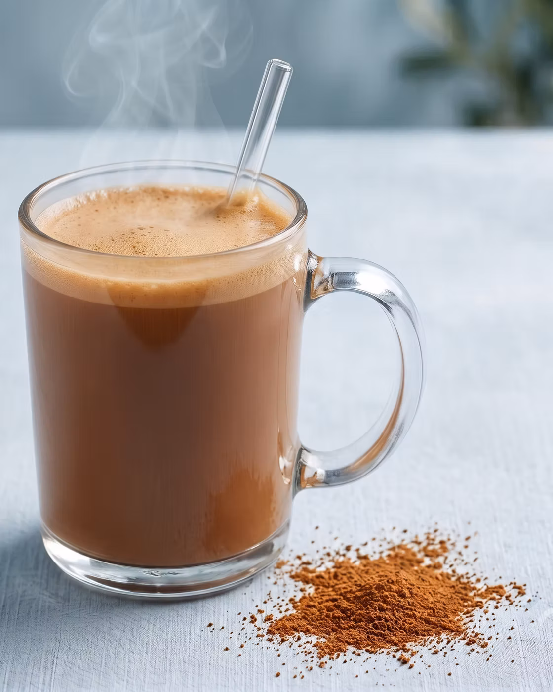 A glass mug of Arewell coffee made with milk, with a small pile of the coffee powder beside it.